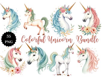 Colorful Unicorn Clipart Bundle: Fantasy PNG Illustrations (Digital Download))