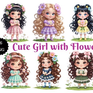 16 PNG Cute Chibi Girl with Flower – Kawaii Clipart, Anime Digital Download, Transparent Background, Chibi Art, Cute Sticker Design
