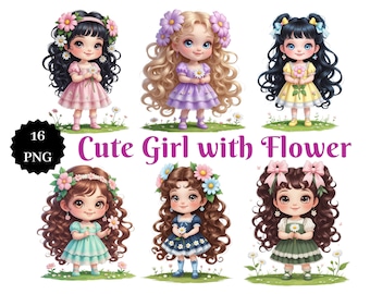 Kawaii Chibi Girl Clipart – 16 PNG Art Stickers (Digital Download)
