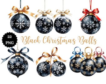Black Christmas Ornaments PNG Bundle: Elegant Baubles Clipart (Digital Download)