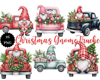 Christmas Gnome Truck Clipart Set, 16 PNG Vintage Christmas Trucks, Watercolor Gnomes with Gifts,