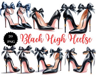May include: Twenty black high heel shoes with bows. The shoes are all different styles, but they all have a black leather upper and a high heel.