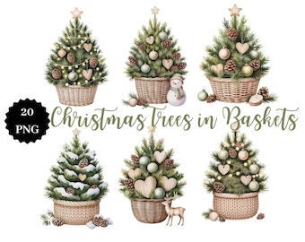 Watercolor Christmas Tree Clipart, Rustic Baskets, Scandinavian PNG (20 Files)