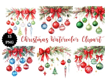 Watercolor Christmas Clipart Set: Ornaments, Pinecones, Birds (15 PNGs)