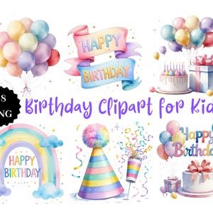 Clipart de cumpleaños para niños: 28 archivos PNG pastel / Lindas ilustraciones para fiestas de cumpleaños / Descarga digital para invitaciones y decoración