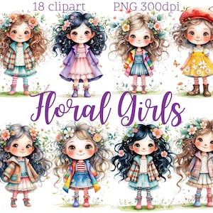 18 PNG Cute Floral Girls | Fairy Tale Clipart |  Fantasy Cartoon Illustrations | Boho Nature Art | Digital Download