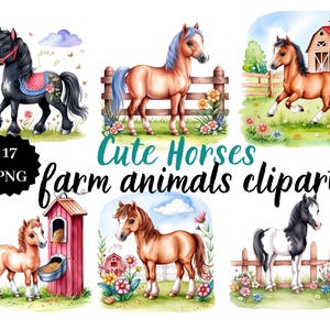 17 PNG Cute Horses | Farm Animals Clipart | Rustic Equestrian Graphics | Digital | Transparent Background