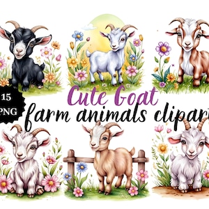 15 PNG Cute Goats | Farm Animals Clipart | Rustic Farmhouse Graphics | Digital | Transparent Background