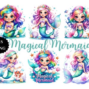 18 PNGs de Sereias Mágicas – Clipart de Sereia de Conto de Fadas, Ilustração de Garota Fantástica, Fundo Transparente, Arte Digital para Artesanato e Sublimação