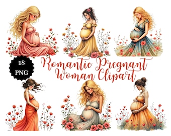 Boho Maternity Clipart Bundle: Romantic Pregnant Woman PNG (Digital Download