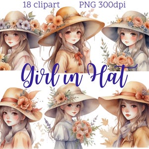 Dziewczyna w kapeluszu Clipart | Portrety dziewczyn w akwareli | 18 ilustracji PNG | Pobieranie cyfrowe | Przezroczyste tło