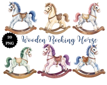 20 PNG Wooden Rocking Horse Clipart, Digital Download, Baby Nursery Decor, Scrapbooking, Craft Supplies