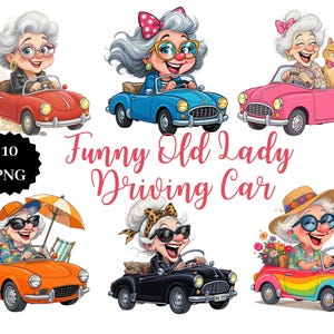 May include: A digital illustration featuring six cartoon images of elderly women driving colorful convertibles. The cars are red, blue, pink, orange, black, and rainbow-colored. The text "Funny Old Lady Driving Car" is displayed in a cursive font.