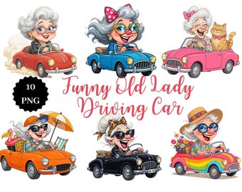 Funny Grandma Driving Car Clipart: 10 PNG Illustrations (Digital Download)