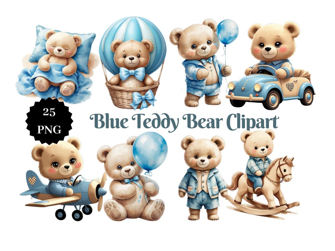 Blue Teddy Bear Clipart | 25 Pastel Baby Boy PNG (digital Download) - Etsy