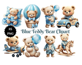 Blue Teddy Bear Clipart | 25 Pastel Baby Boy PNG (Digital Download)