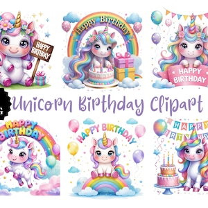 Ensemble de cliparts d'anniversaire de licorne - 14 PNG magiques avec des voeux | Graphismes pastel de licorne arc-en-ciel pour décoration de fête et invitations