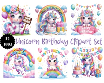 Unicorn Birthday Clipart: Pastel Rainbow PNG Graphics (14 Files)