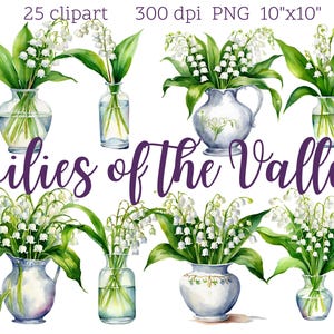 Clipart muguet | 25 PNG | Fleurs en vase | Aquarelle florale | Disposition de vases | Téléchargement numérique