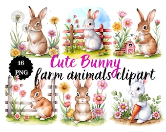 Watercolor Bunny Clipart – Rabbit PNG Images, Farm Animal Art (Digital Download)