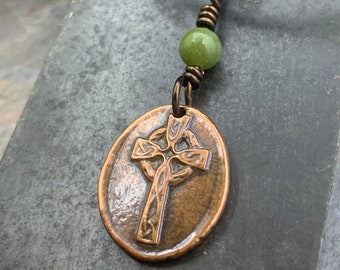 Copper Celtic Cross, Wax Seal Charm, Connemara Marble, Irish Celtic, Copper Cross Necklace, Leather & Vegan Cords, Handmade Art Jewelry