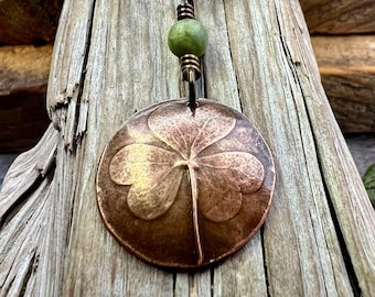 Shamrock Copper Pendant, Connemara Marble Necklace, Irish Celtic Spirals, Irish Clover, Leather Vegan Cords, Handmade in Door County WI