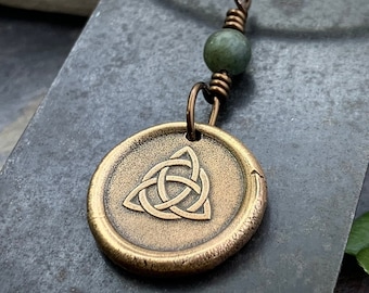 Bronze Trinity Knot, Triquetra, Wax Seal Charm, Connemara Marble, Irish Celtic Jewelry, Pagan, 8th Anniversary, Triple Goddess, Celtic Witch