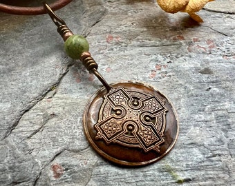 Copper Celtic Cross, Wax Seal Charm, Connemara Marble, Irish Celtic, Copper Cross Necklace, Leather & Vegan Cords, Handmade Art Jewelry