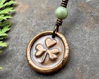 Shamrock Clover Charm, Copper Wax Seal Charm, Connemara Marble, Irish Celtic Jewelry, Leather & Vegan Cords, Handmade, Soul Harbor Jewelry