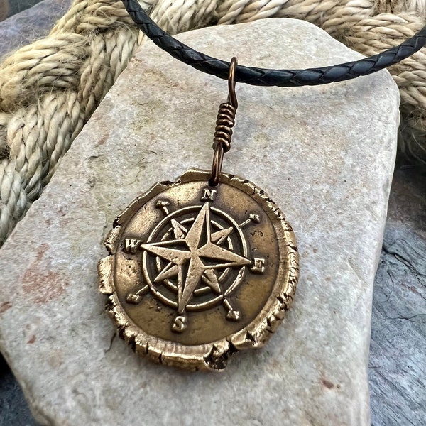 Compass Rose Charm, Bronze Compass Necklace, Nautical, Boats Sailing Sea, Protection Guidance Talisman, Men's Unisex Jewelry, Rustic Seaworn