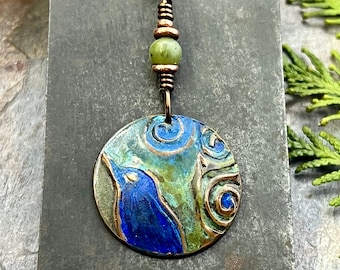 Copper Raven Pendant, Colorful Patina, Connemara Marble, Hand Carved, Irish Celtic Spirals, Celtic Witch Goddess, Crow Corvid Birds, Earthy