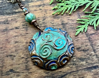 Triskele Copper Pendant, Verdigris Patina, Hand Carved, Connemara Marble, Triskelion Triple Spiral, Irish Celtic Pagan, Newgrange Ireland