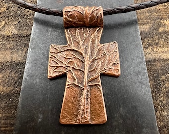 Tree Cross Pendant, Copper Cross, Tree Branch Cross, Men's Jewelry, Irish Celtic Trees, Hand-Carved, Spiritual Gifts, Tree of Life, Earthy