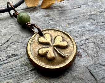 Shamrock Clover Charm, Bronze Wax Seal Charm, Connemara Marble, Irish Celtic Jewelry, Leather & Vegan Cords, Handmade, Soul Harbor Jewelry