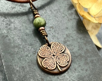 Four Leaf Heart Clover, Copper Wax Seal Charm, Connemara Marble, Irish Celtic Jewelry, 4 Leaf Clover, Lucky Love Charm, Leather & Vegan Cord