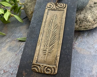 Bronze Feather Pendant, Connemara Marble, Celtic Spirals, Long Single Feather, Handmade, Art Jewelry, Long Necklace, Soul Harbor Jewelry