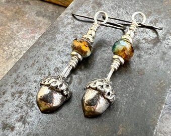 Acorn Sterling Silver Earrings, Hypoallergenic, Niobium Ear Wires, Czech Glass, Oak Tree Jewelry, Tiny Acorns, Druid, Earthy Woodland Gifts