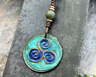 Triskele Copper Pendant, Verdigris Patina, Hand Carved, Connemara Marble, Triskelion Triple Spiral, Irish Celtic Pagan, Newgrange Ireland