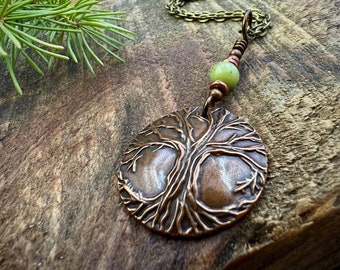 Celtic Tree of Life, Copper Pendant, Connemara Marble, Irish Celtic Spirals, Round Tree of Life, Crann Bethadh, Soul Harbor Jewelry, Artwork