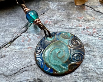 Celtic Spirals Pendant, Copper Patina, Irish Celtic, Pagan Wicca, Czech Glass, Witchy Earthy, Hand Carved, One of a Kind Art Jewelry