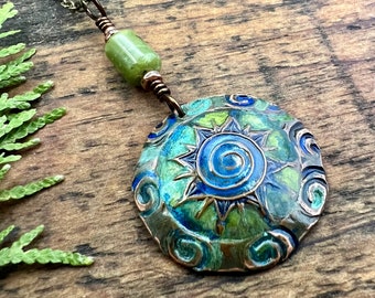 Celtic Sun Spiral Necklace, Copper Patina Pendant, Connemara Marble, Irish Celtic Spirals, Colorful Sun, Blue Green, Pagan Celtic Witch Gift