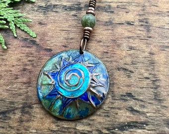 Celtic Sun Spiral Necklace, Copper Patina Pendant, Connemara Marble, Irish Celtic Spirals, Colorful Sun, Blue Green, Pagan Celtic Witch Gift