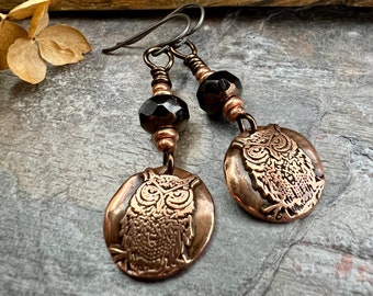 Copper Owl Earrings, Irish Celtic Jewelry, Pagan Jewelry, Copper Owl Jewelry, Witch Earrings, 7th Anniversary, Bird Lover Gifts, Earthy Gift