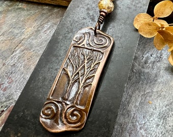 Copper Two Trees Pendant, Irish Celtic Spirals, Czech Glass Beads, Leather & Vegan Cords, Earthy Rustic, Branches Roots, Celtic Green Witch