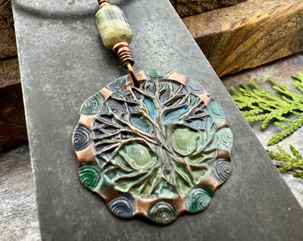 Tree of Life Pendant, Copper Colorful Patina, Connemara Marble, Hand Carved, Irish Celtic Spirals, Celtic Witch Goddess, Ancient Earthy Art