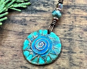 Celtic Sun Spiral Necklace, Copper Patina Pendant, Czech Glass Bead, Irish Celtic Spirals, Colorful Sun, Blue Green, Pagan Celtic Witch Gift