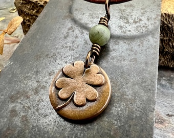 Four Leaf Heart Clover, Copper Wax Seal Charm, Connemara Marble, Irish Celtic Jewelry, 4 Leaf Clover, Lucky Charm, Leather & Vegan Cords