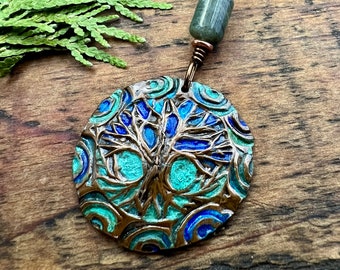 Tree of Life Pendant, Copper Colorful Patina, Connemara Marble, Hand Carved, Irish Celtic Spirals, Celtic Witch Goddess, Ancient Earthy Art