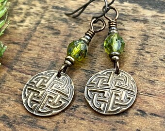 Celtic Knot, Bronze Earrings, Triquetra, Irish Celtic Jewelry, Czech Glass, Celtic Knots, St Patrick's Day, Eternity, Triple Goddess