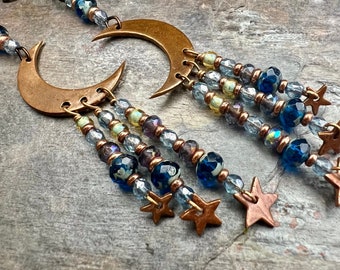 Crescent Moon & Stars, Copper Chandelier Earrings, Czech Glass Beads, Waxing Waning Moon, Moon Goddess, Pagan Wiccan, Celestial Jewelry